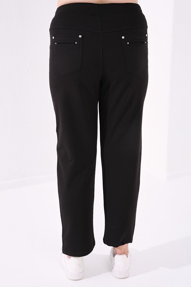 Image of Pantaloni de trening negri cu tiv clasic pentru femei, mărime mare, cu detalii cu pietre - 94040