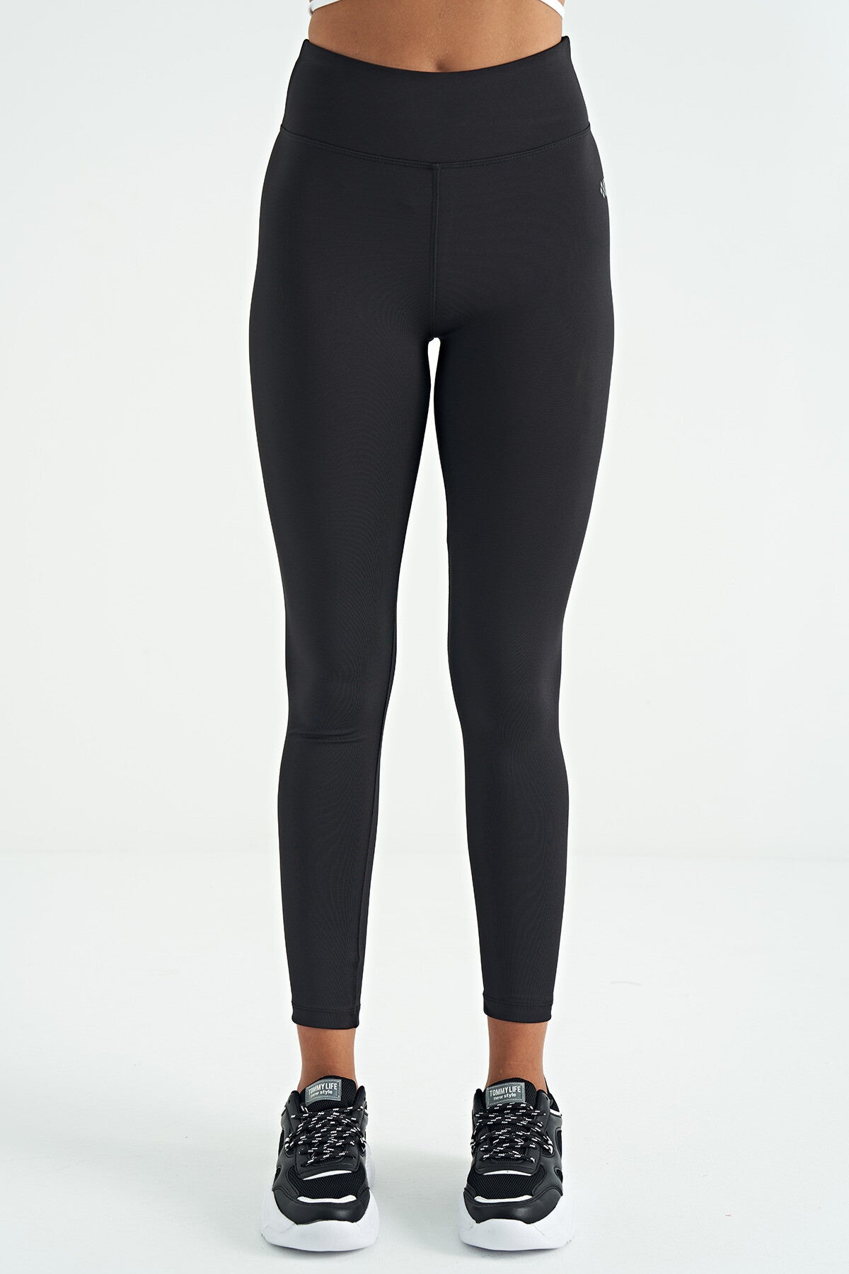 Image of Colanți de damă slim fit, din material Scuba, cu talie înaltă, cu imprimeu logo negru - 94627