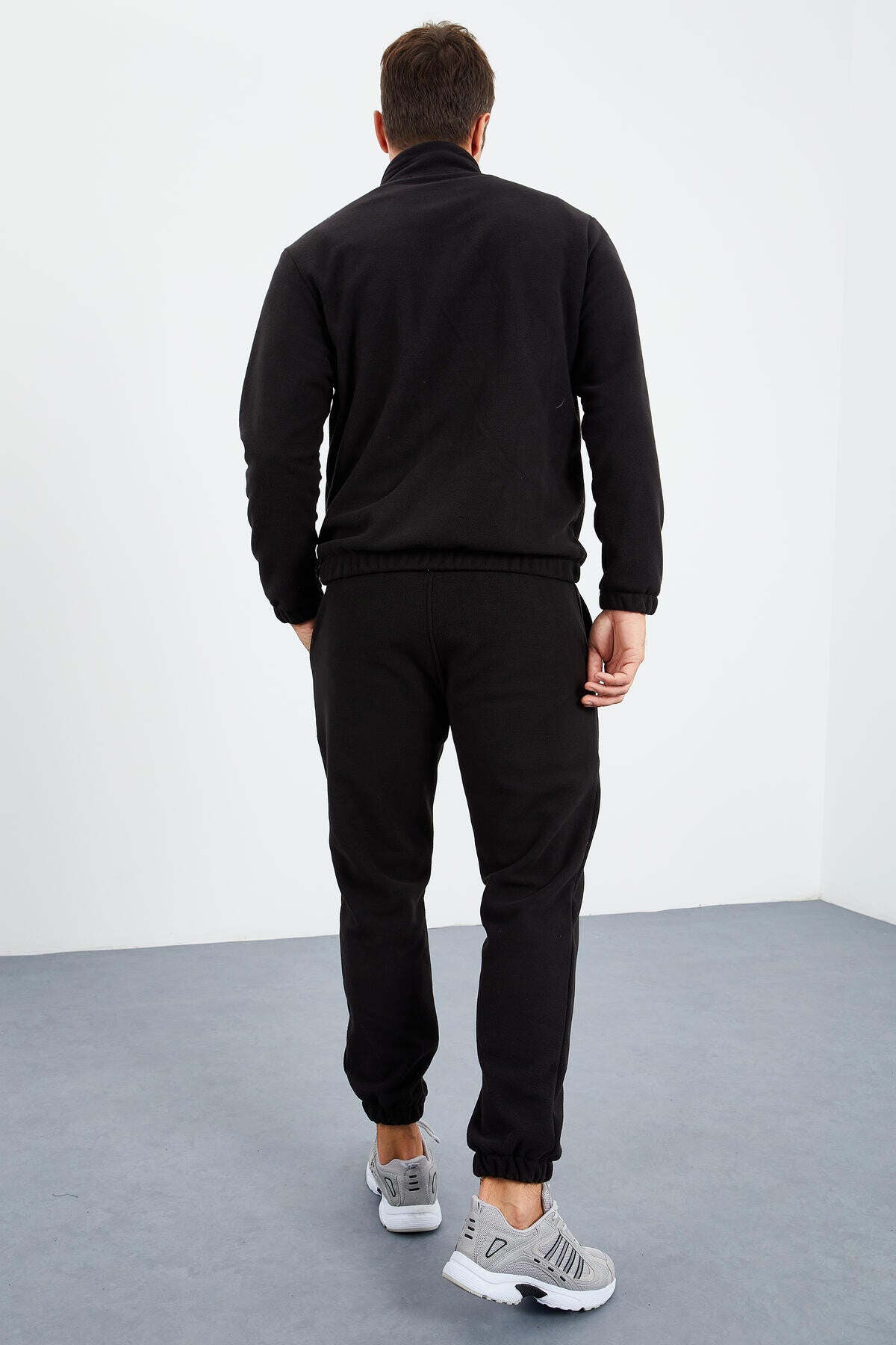 Image of Black Half-Zip Stand-Up Collar Elasticated Hem Fleece Men's Tracksuit Set - 85159