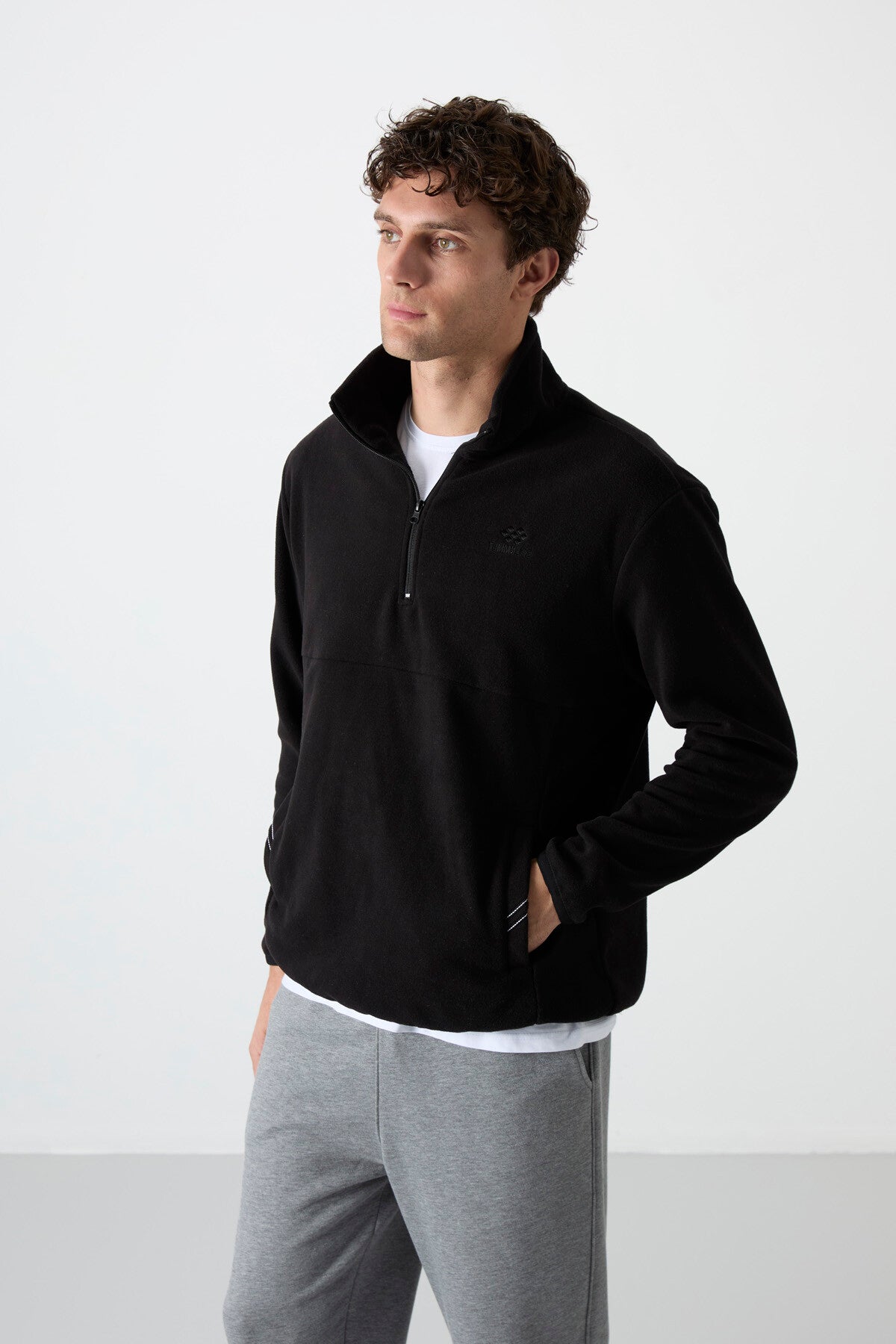 Image of Siyah Yarım Fermuarlı Sweatshirt Slim Fit Dik Yaka Erkek Polar - 87891