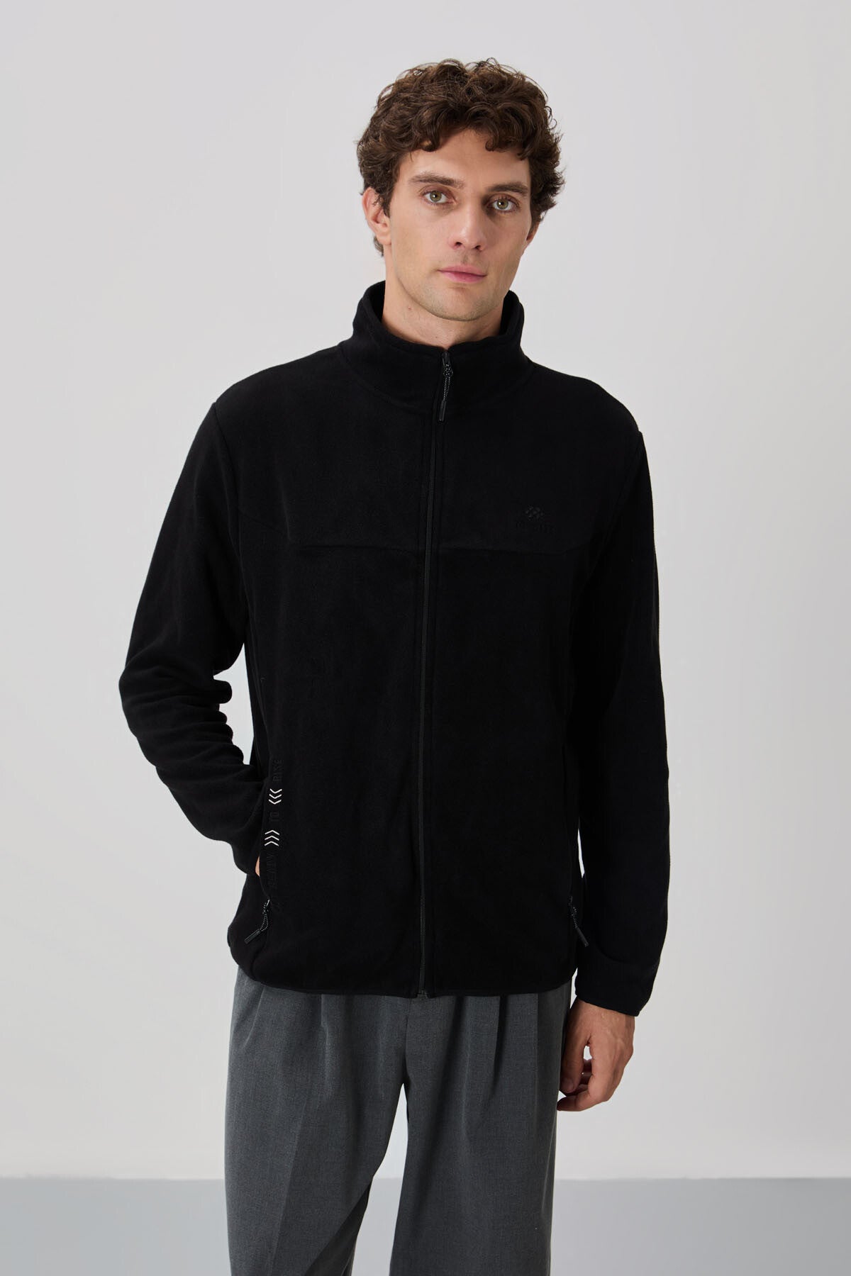 Image of Siyah Yazı Nakışlı Dik Yaka Fermuarlı Standart Kalıp Erkek Sweatshirt Polar - 87992