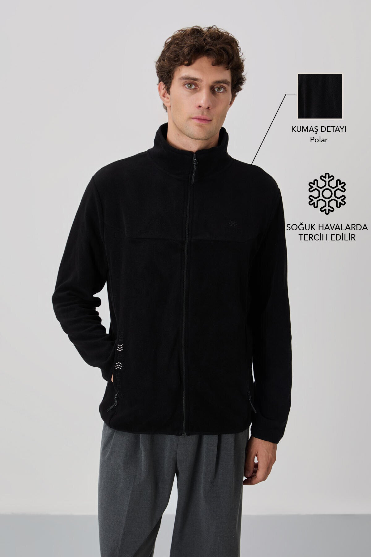 Image of Siyah Yazı Nakışlı Dik Yaka Fermuarlı Standart Kalıp Erkek Sweatshirt Polar - 87992