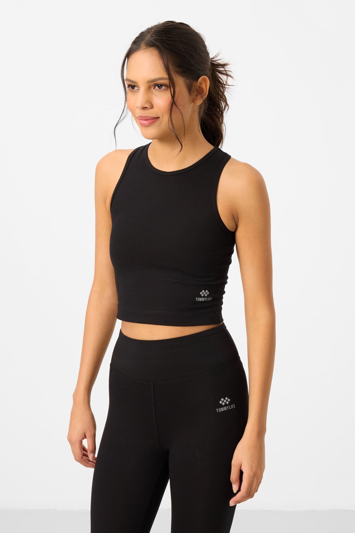 Image of Siyah Yüksek Bel Kapri-Crop Atlet Slim Fit Kadın Tayt Takım - 95284