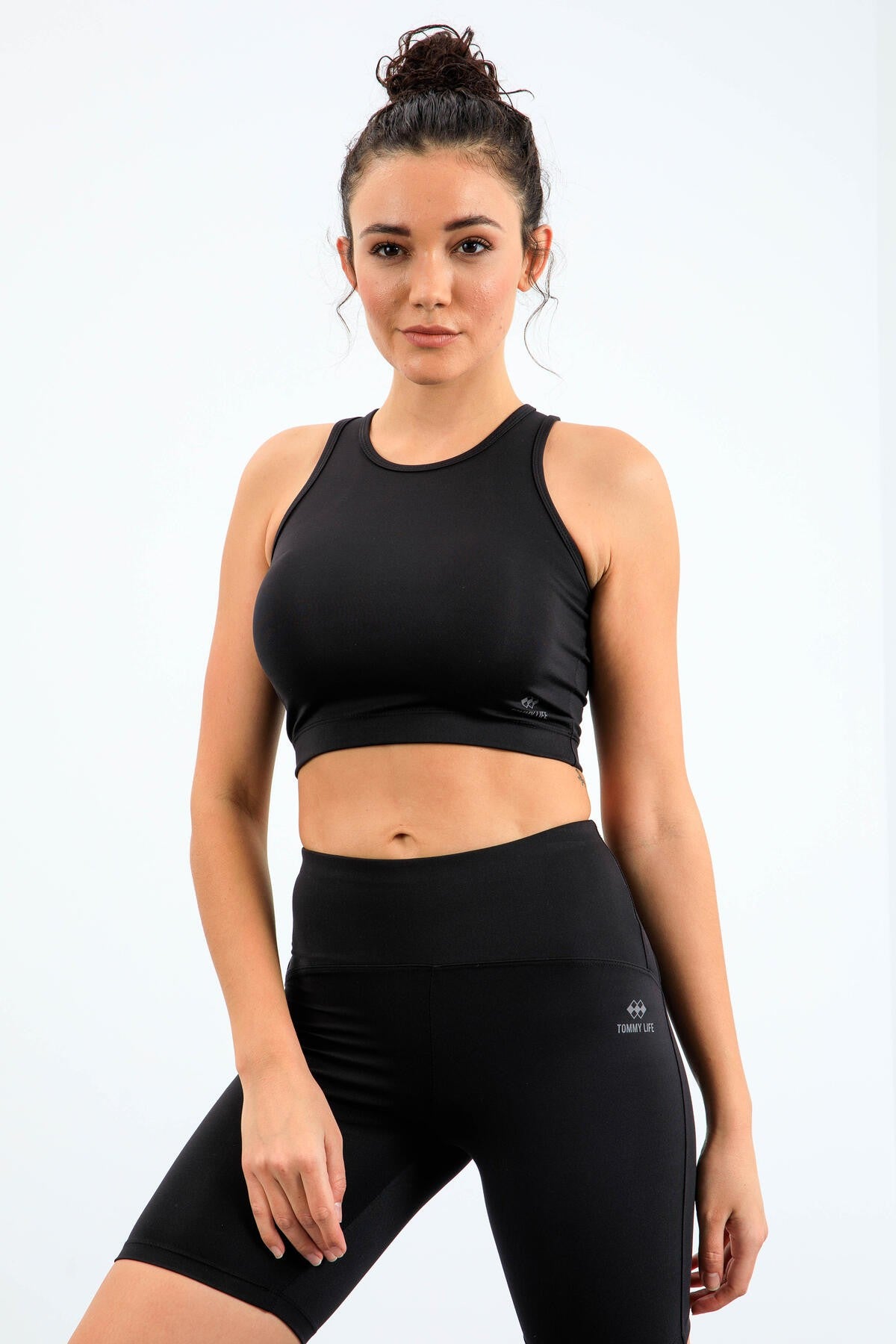 Image of Siyah Yüksek Bel Toparlayıcı Dar Kalıp Crop Biker Kadın Tayt Takım - 95302