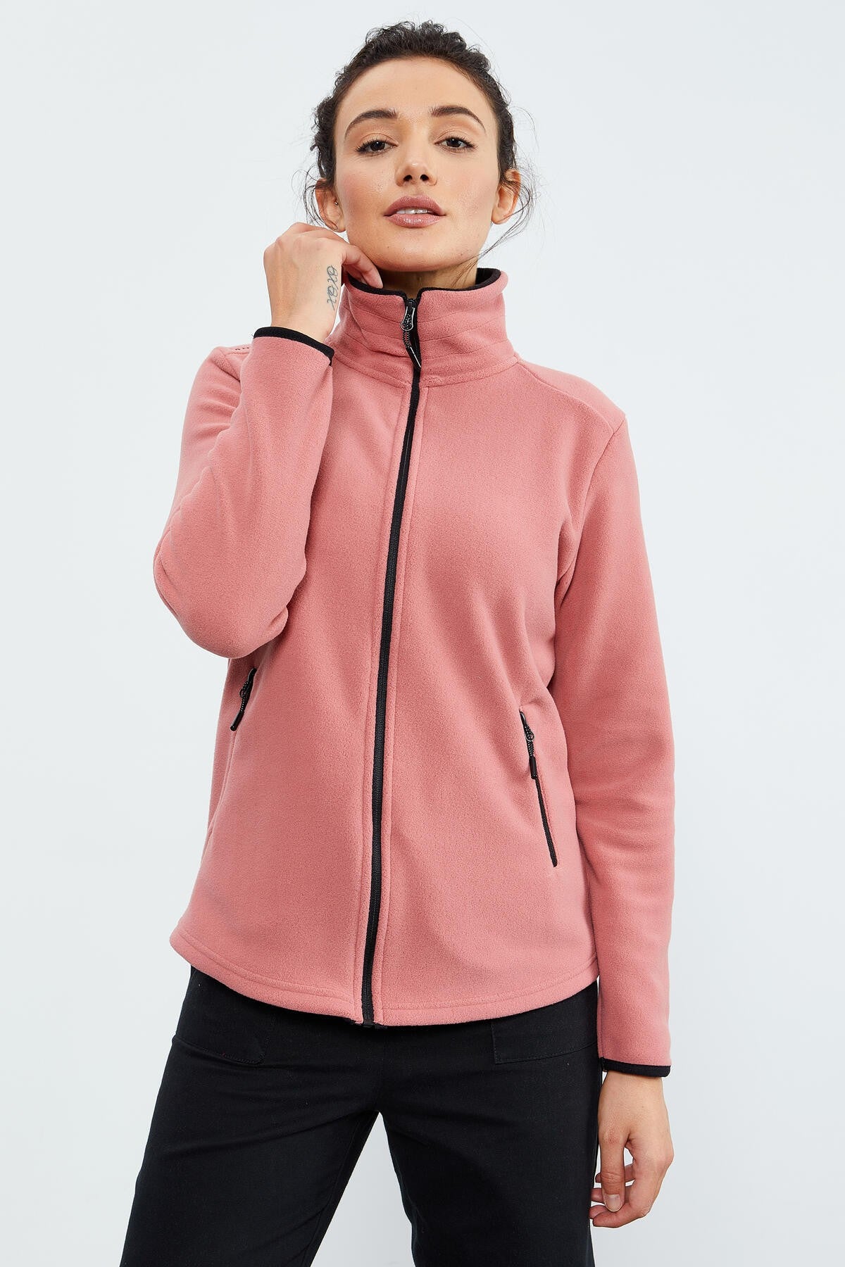 Image of Yaban Gülü Dik Yaka Fermuarlı Rahat Form Kadın Polar Sweatshirt - 97173