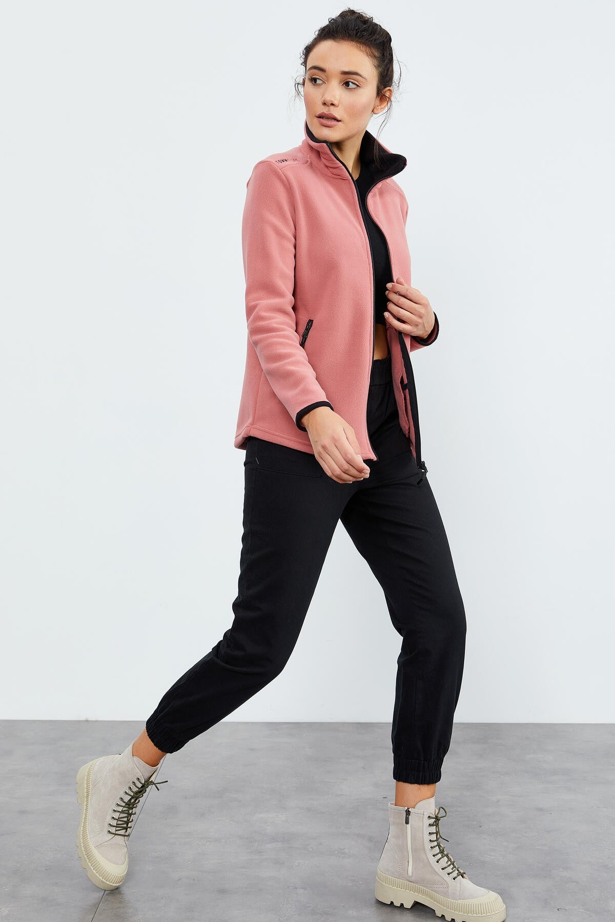 Image of Yaban Gülü Dik Yaka Fermuarlı Rahat Form Kadın Polar Sweatshirt - 97173
