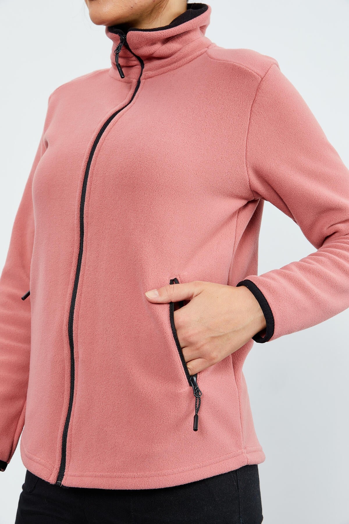 Image of Yaban Gülü Dik Yaka Fermuarlı Rahat Form Kadın Polar Sweatshirt - 97173