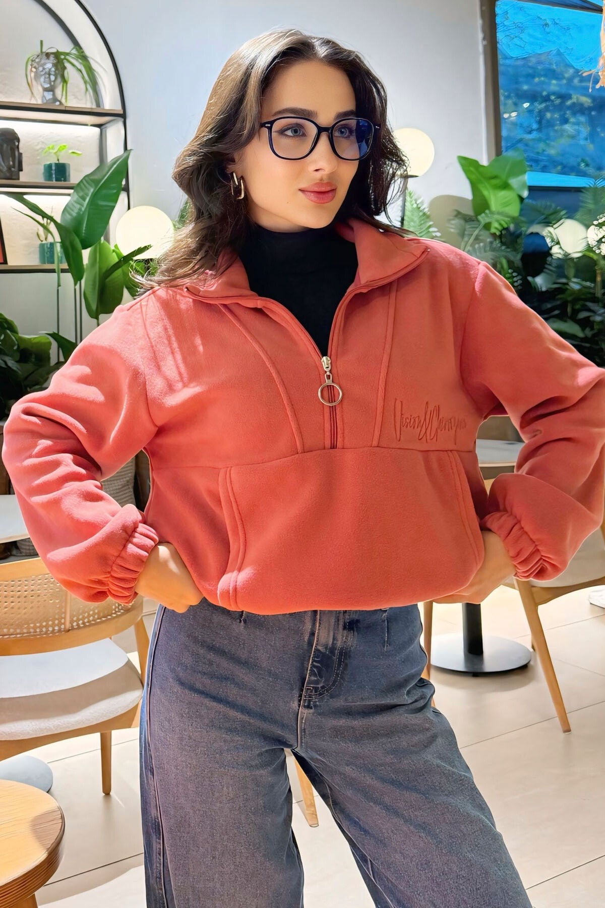 Image of Yaban Gülü Yarım Fermuar Etek Ucu Büzgülü Kadın Polar Oversize Sweatshirt - 97171