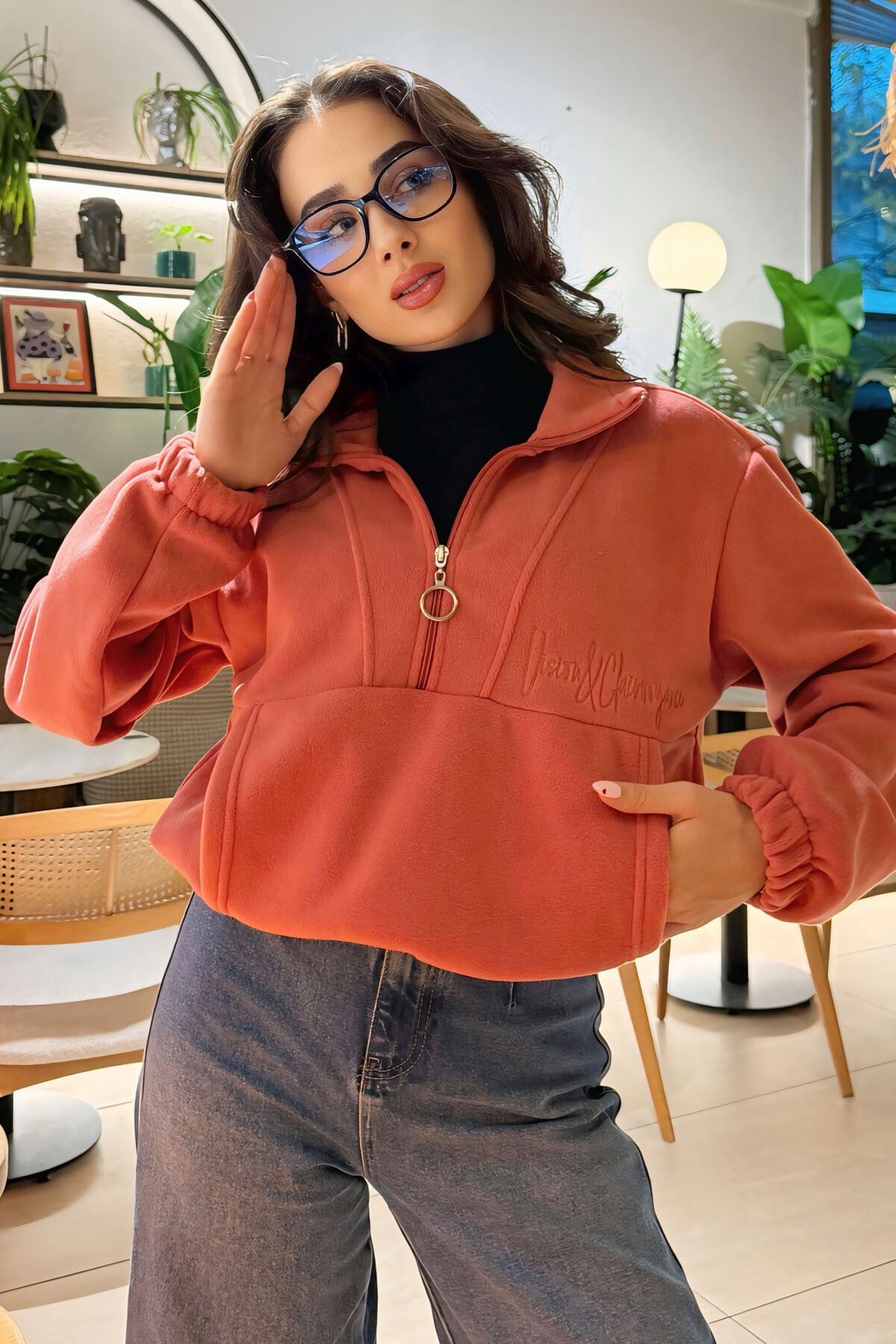 Image of Hanorac Wild Rose cu fermoar pe jumătate, model Fleece, model supradimensionat, pentru femei - 97171