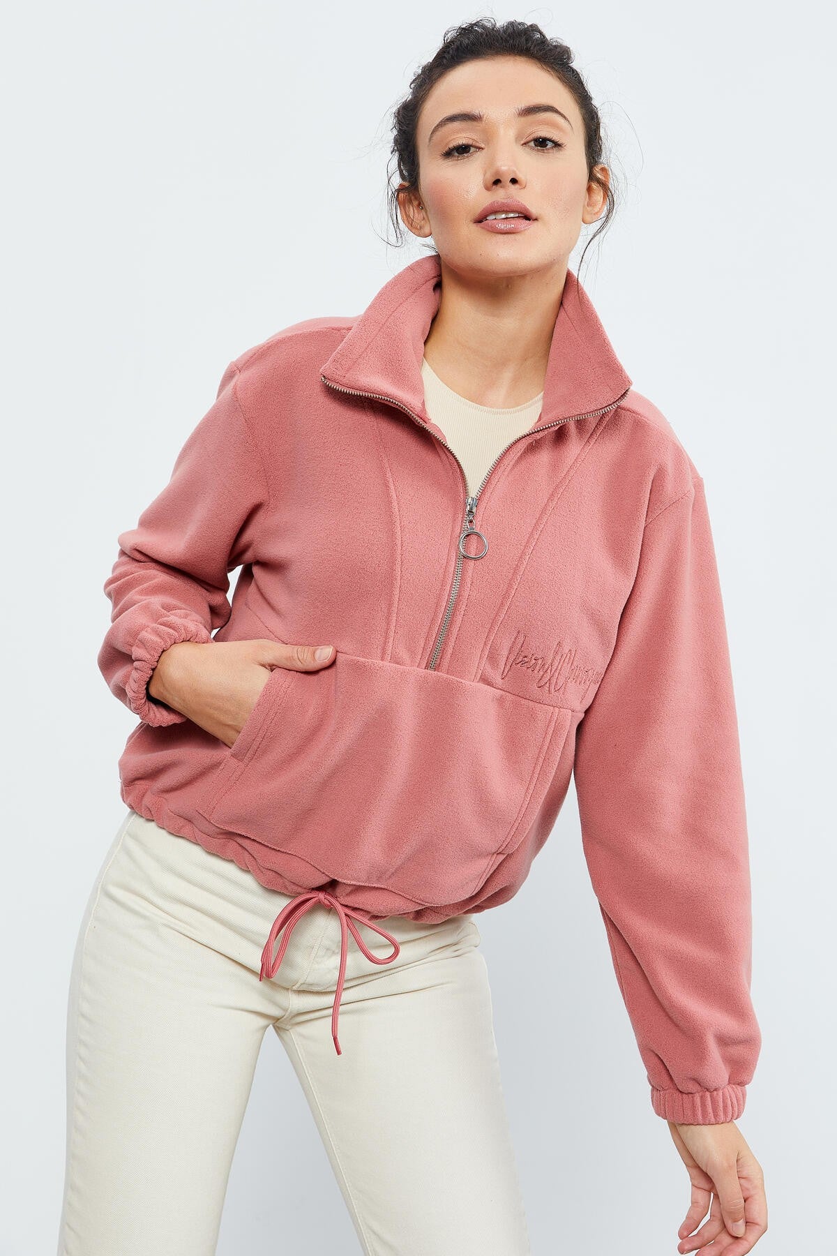 Image of Yaban Gülü Yarım Fermuar Etek Ucu Büzgülü Kadın Polar Oversize Sweatshirt - 97171