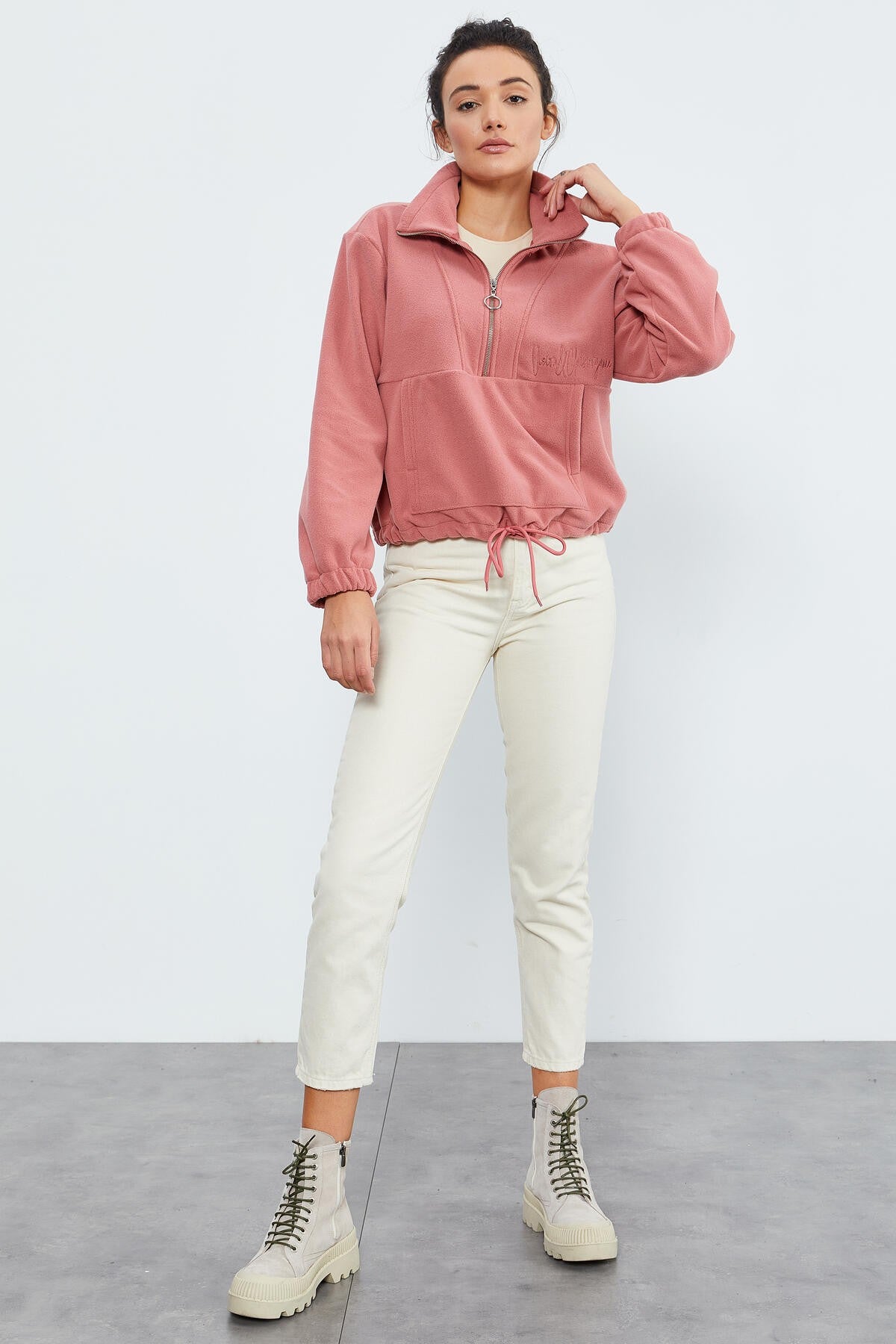 Image of Hanorac Wild Rose cu fermoar pe jumătate, model Fleece, model supradimensionat, pentru femei - 97171