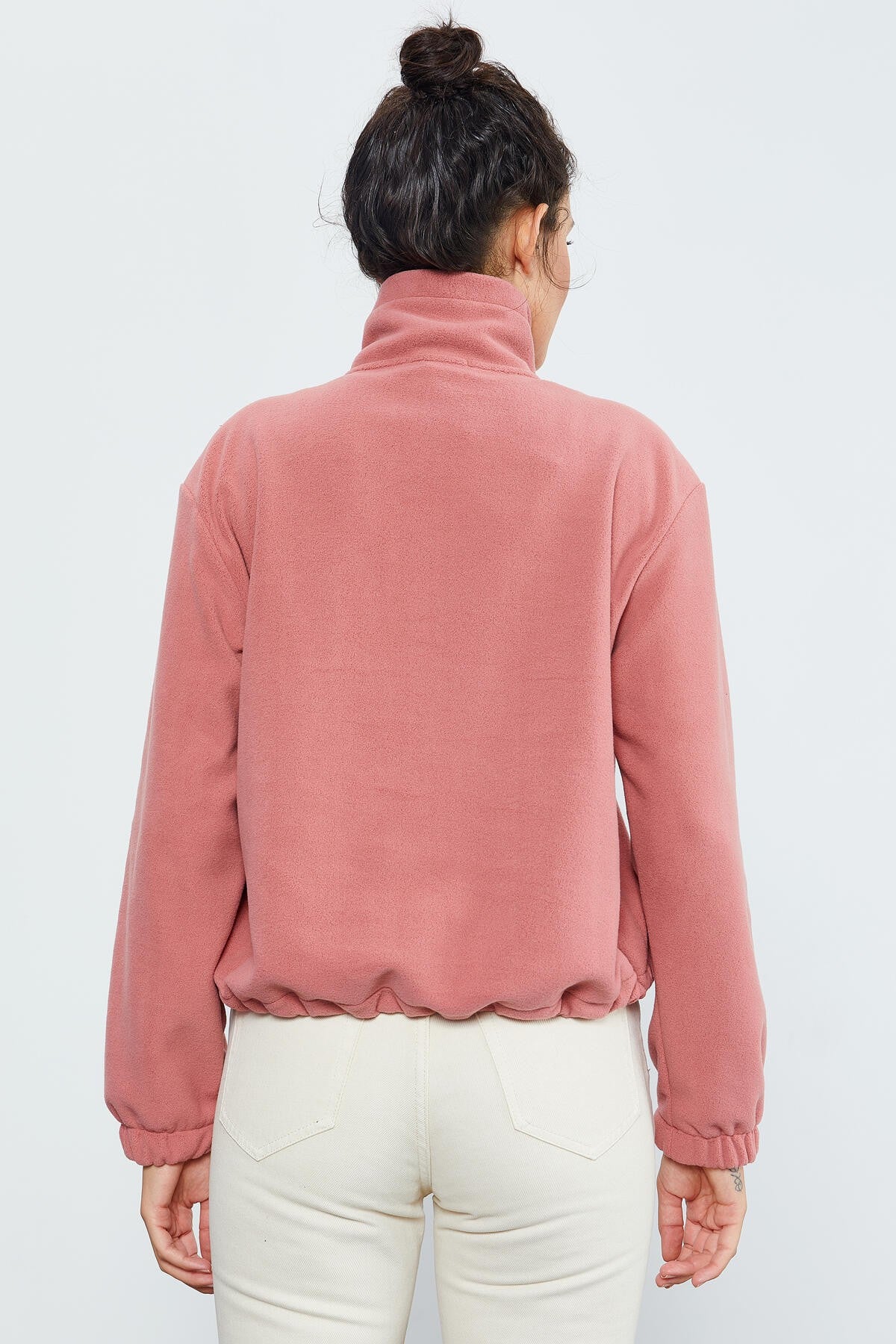 Image of Yaban Gülü Yarım Fermuar Etek Ucu Büzgülü Kadın Polar Oversize Sweatshirt - 97171