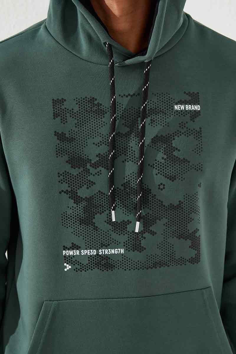 Image of Yeşil Kamuflaj Desen Baskılı Standart Kalıp Kapüşonlu Erkek Sweatshirt - 87884
