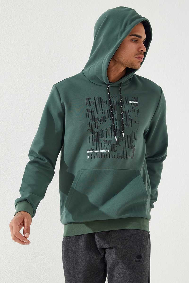 Image of Yeşil Kamuflaj Desen Baskılı Standart Kalıp Kapüşonlu Erkek Sweatshirt - 87884