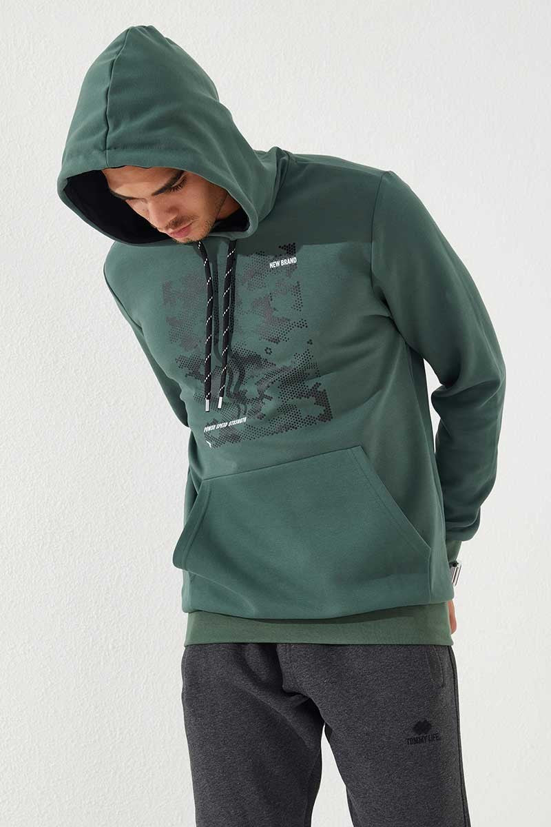 Image of Yeşil Kamuflaj Desen Baskılı Standart Kalıp Kapüşonlu Erkek Sweatshirt - 87884