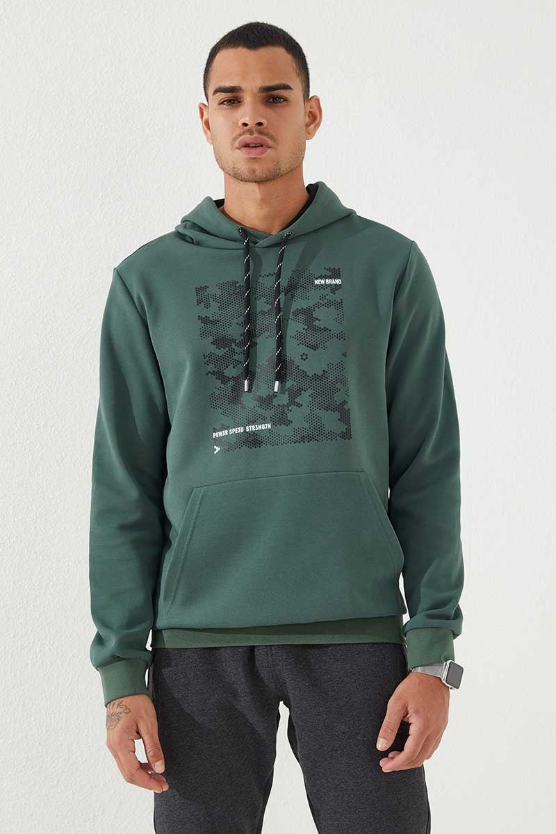Image of Yeşil Kamuflaj Desen Baskılı Standart Kalıp Kapüşonlu Erkek Sweatshirt - 87884