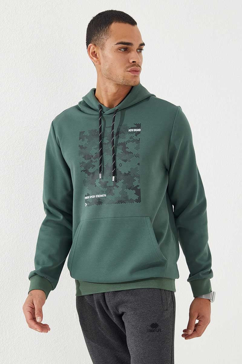 Image of Yeşil Kamuflaj Desen Baskılı Standart Kalıp Kapüşonlu Erkek Sweatshirt - 87884