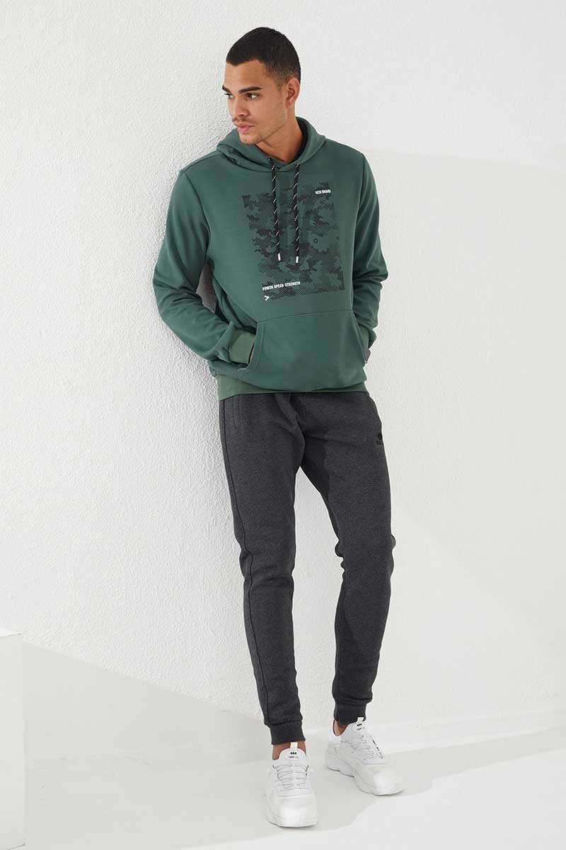 Image of Yeşil Kamuflaj Desen Baskılı Standart Kalıp Kapüşonlu Erkek Sweatshirt - 87884