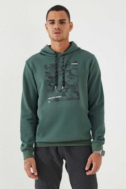 Image of Yeşil Kamuflaj Desen Baskılı Standart Kalıp Kapüşonlu Erkek Sweatshirt - 87884