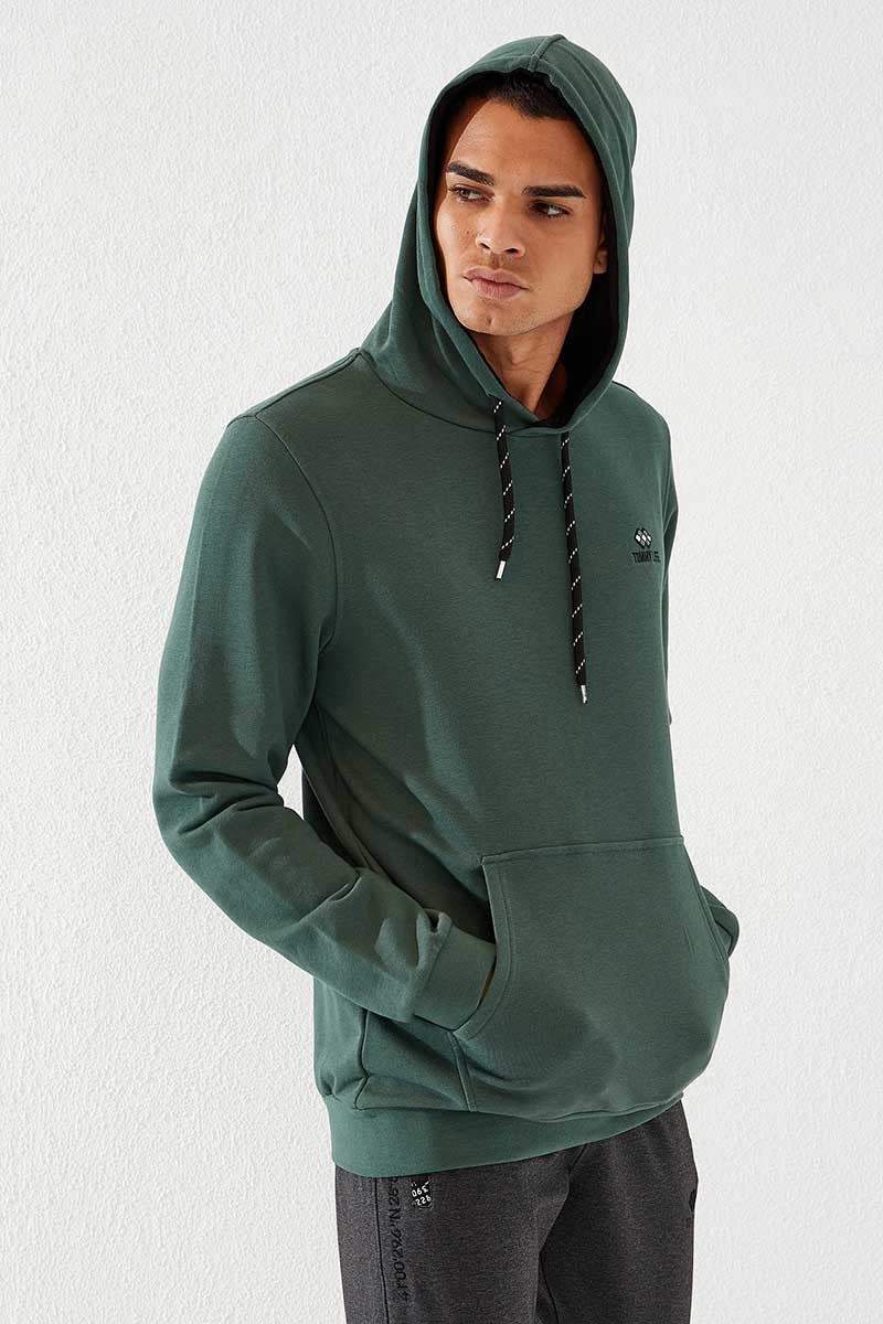 Image of Yeşil Kanguru Cep Standart Kalıp Kapüşonlu Erkek Sweatshirt - 87872