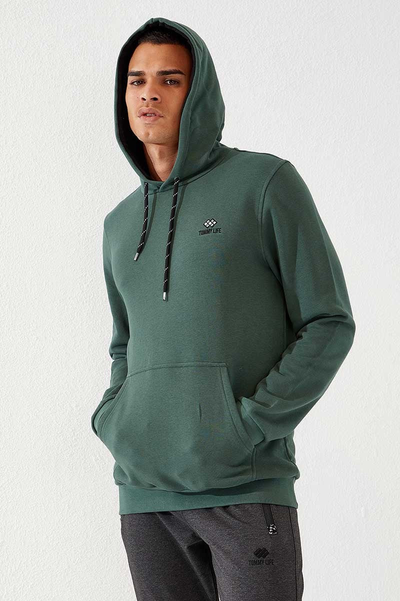 Image of Yeşil Kanguru Cep Standart Kalıp Kapüşonlu Erkek Sweatshirt - 87872