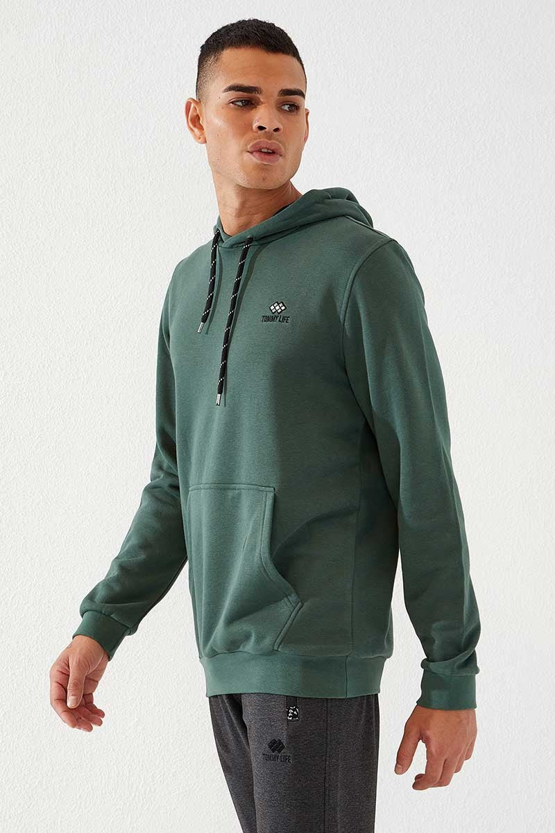 Image of Yeşil Kanguru Cep Standart Kalıp Kapüşonlu Erkek Sweatshirt - 87872