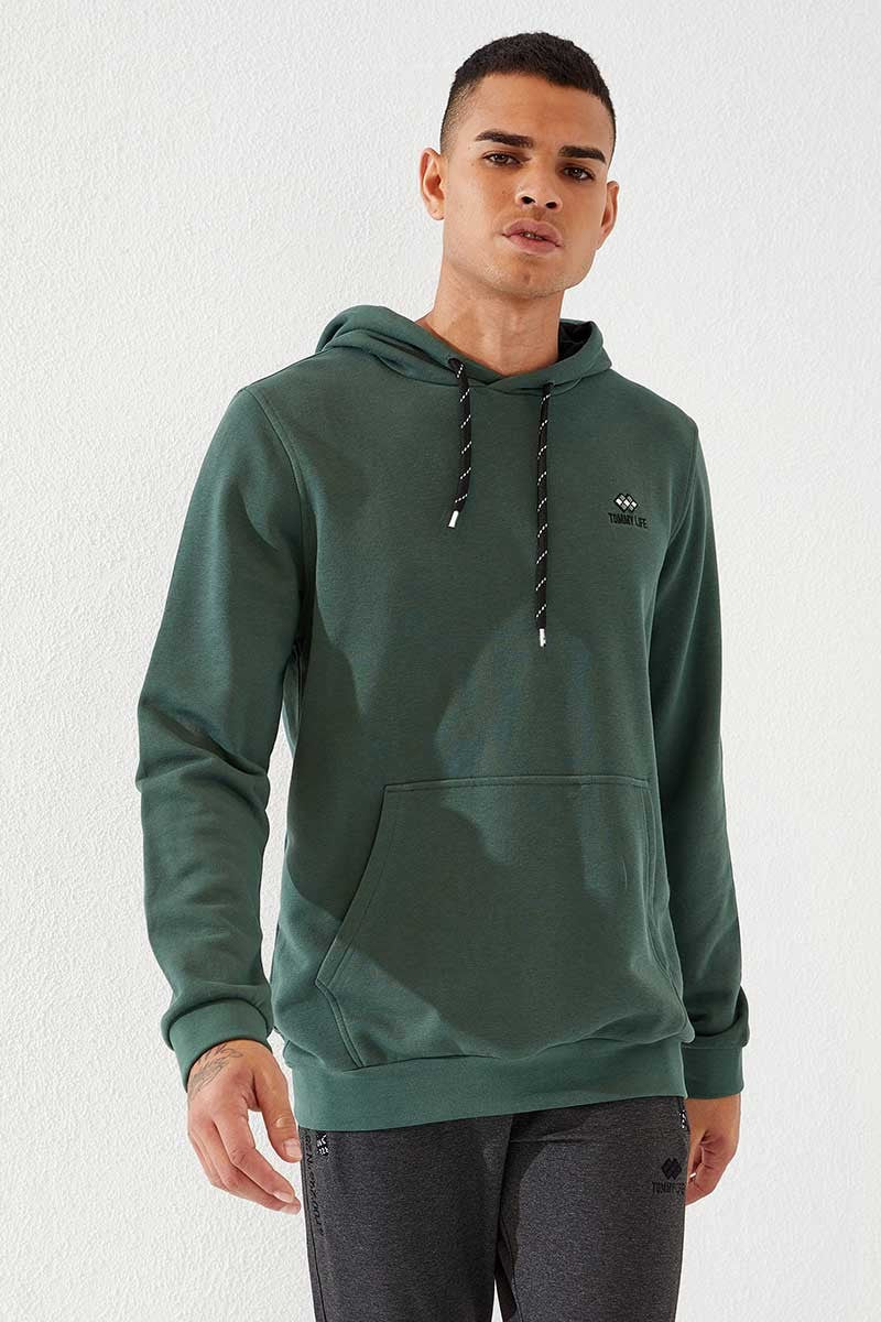 Image of Yeşil Kanguru Cep Standart Kalıp Kapüşonlu Erkek Sweatshirt - 87872