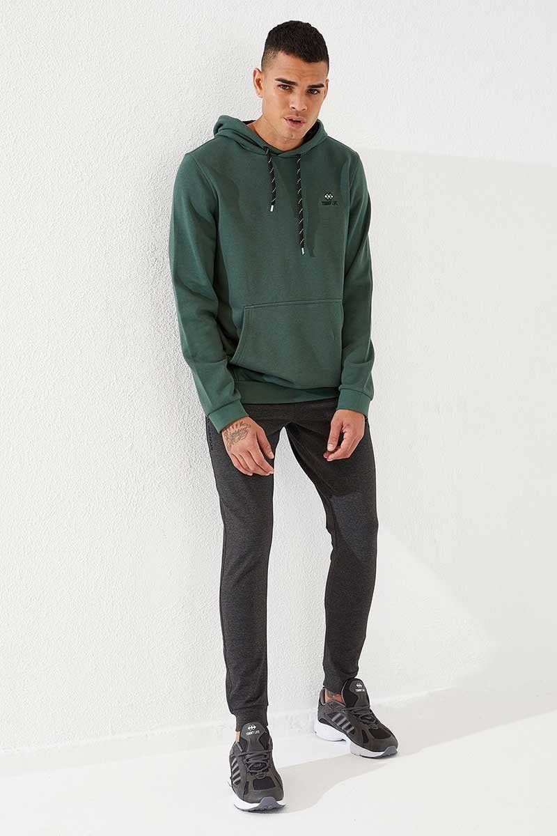 Image of Yeşil Kanguru Cep Standart Kalıp Kapüşonlu Erkek Sweatshirt - 87872