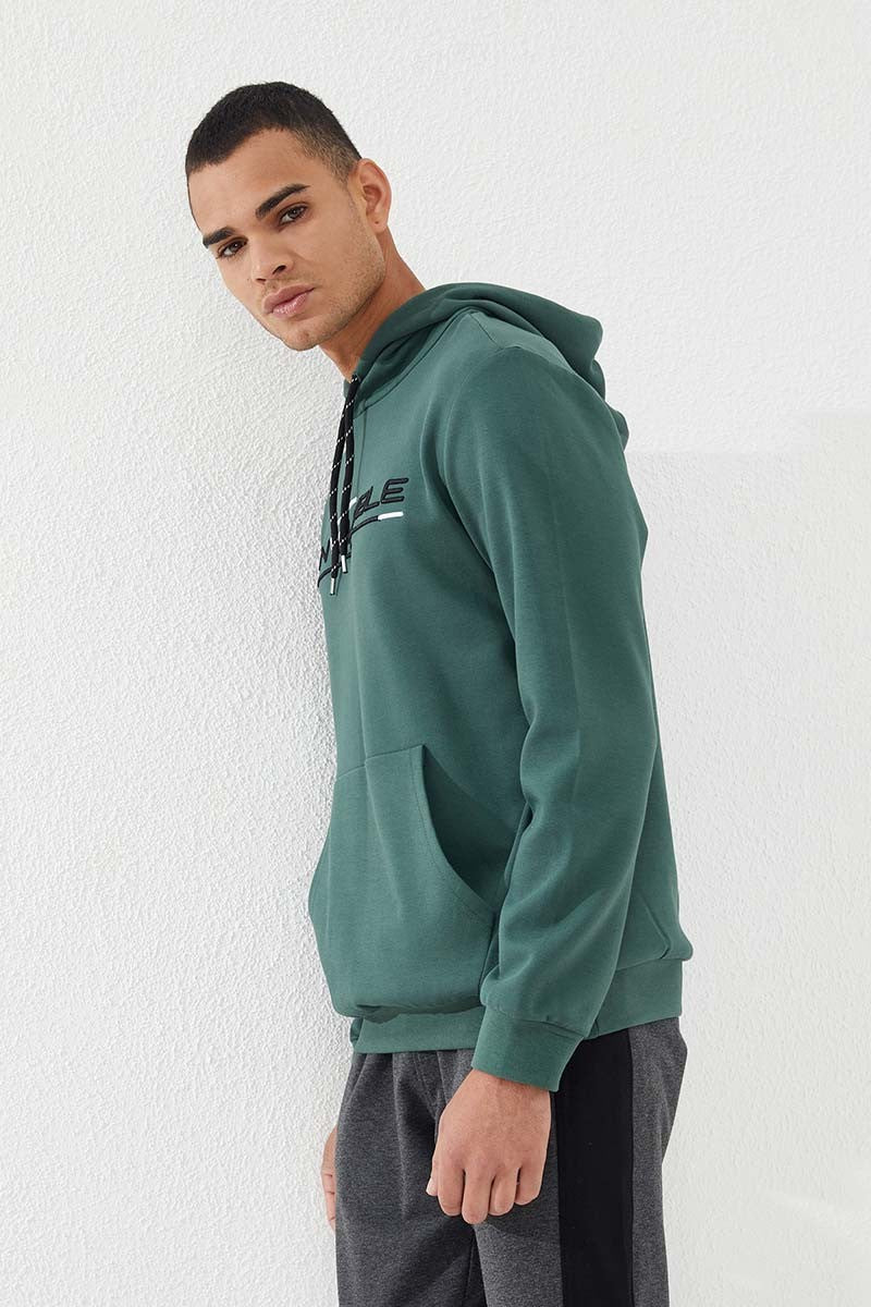 Image of Yeşil Kanguru Cep Standart Kalıp Kapüşonlu Erkek Sweatshirt - 87883