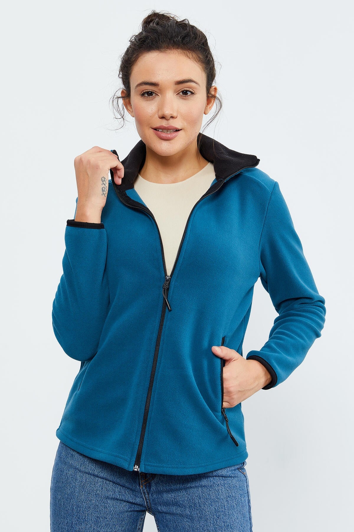 Image of Zümrüt Dik Yaka Fermuarlı Rahat Form Kadın Polar Sweatshirt - 97173