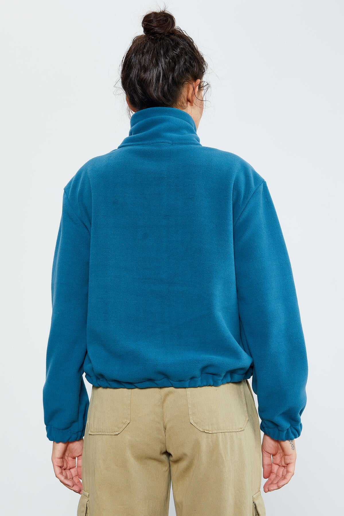 Image of Zümrüt Yarım Fermuar Etek Ucu Büzgülü Kadın Polar Oversize Sweatshirt - 97171