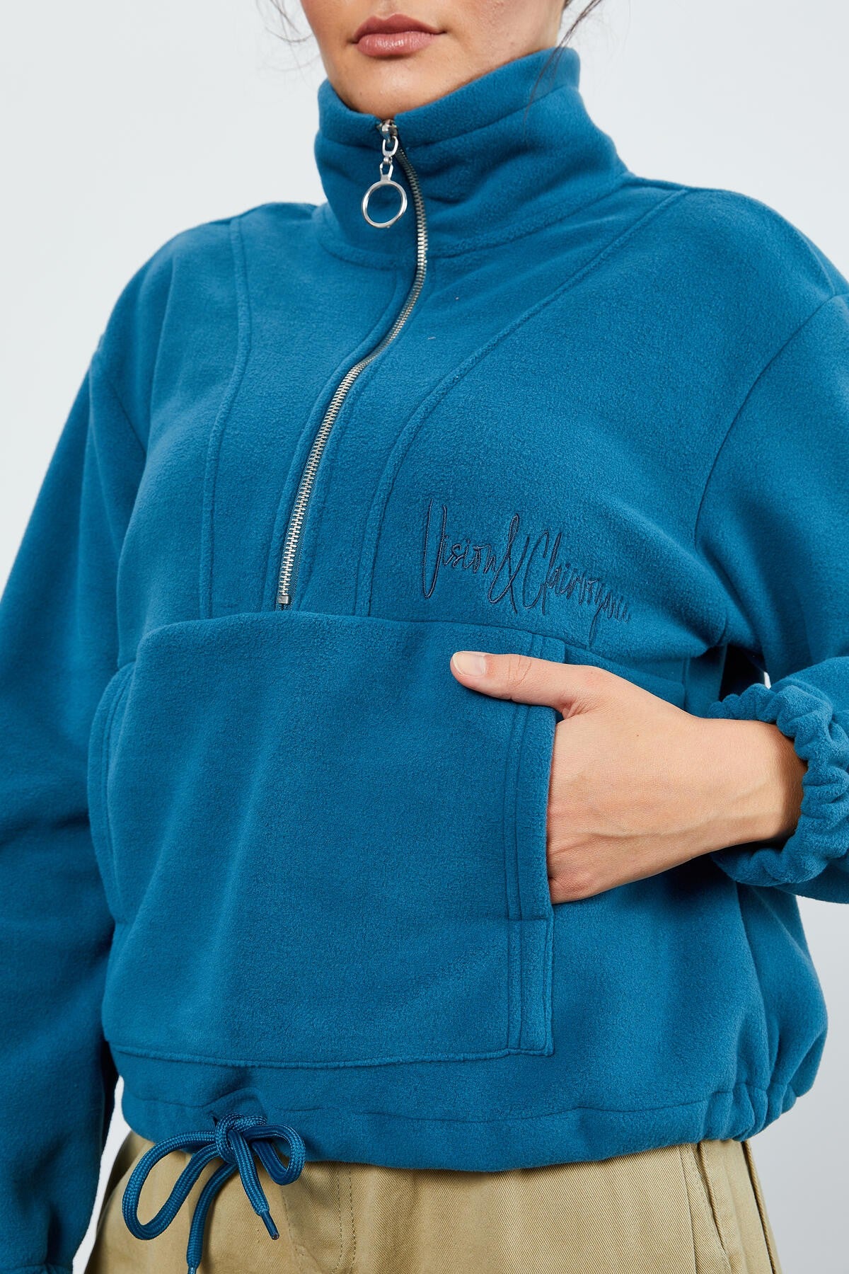 Image of Zümrüt Yarım Fermuar Etek Ucu Büzgülü Kadın Polar Oversize Sweatshirt - 97171