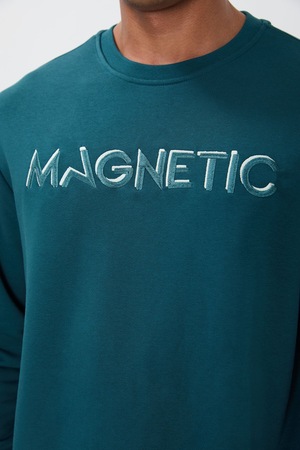 Image of Zümrüt Yazı Nakışlı O Yaka Rahat Form İçi Polarlı Erkek Sweatshirt - 88020