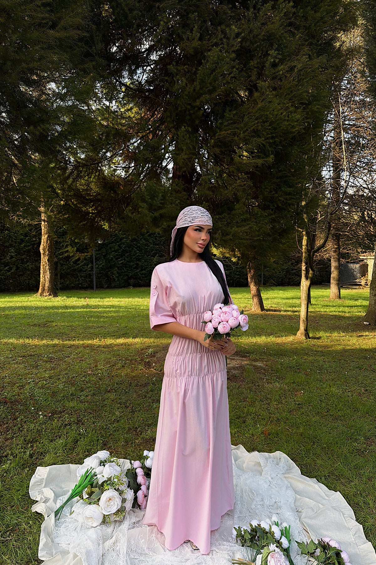 Image of Pembe Volant Uzun Elbise ATE-3422