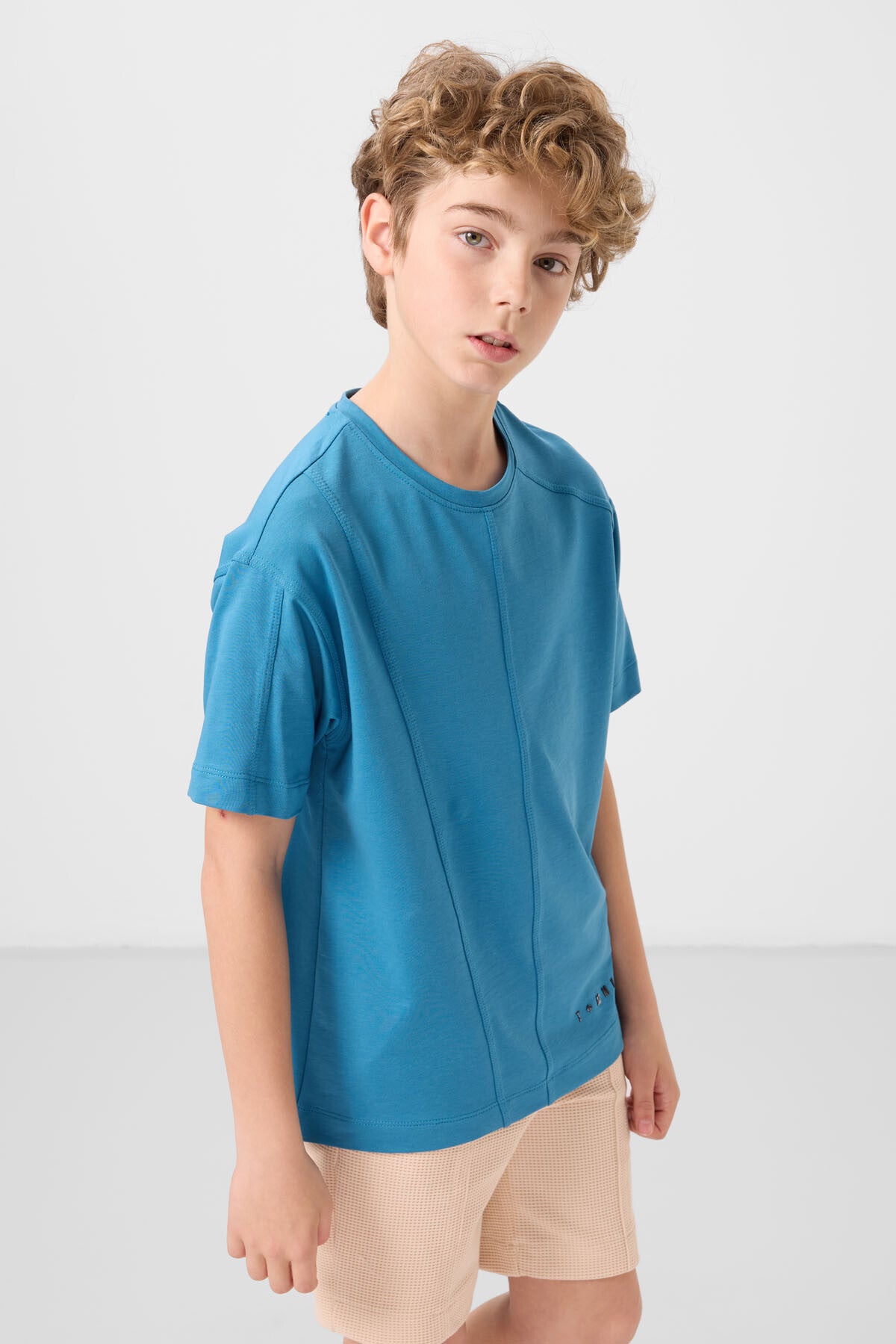 Image of Petrol Mavi Pamuklu Yumuşak Dokulu Oversize Basic Erkek Çocuk T-Shirt - 11297