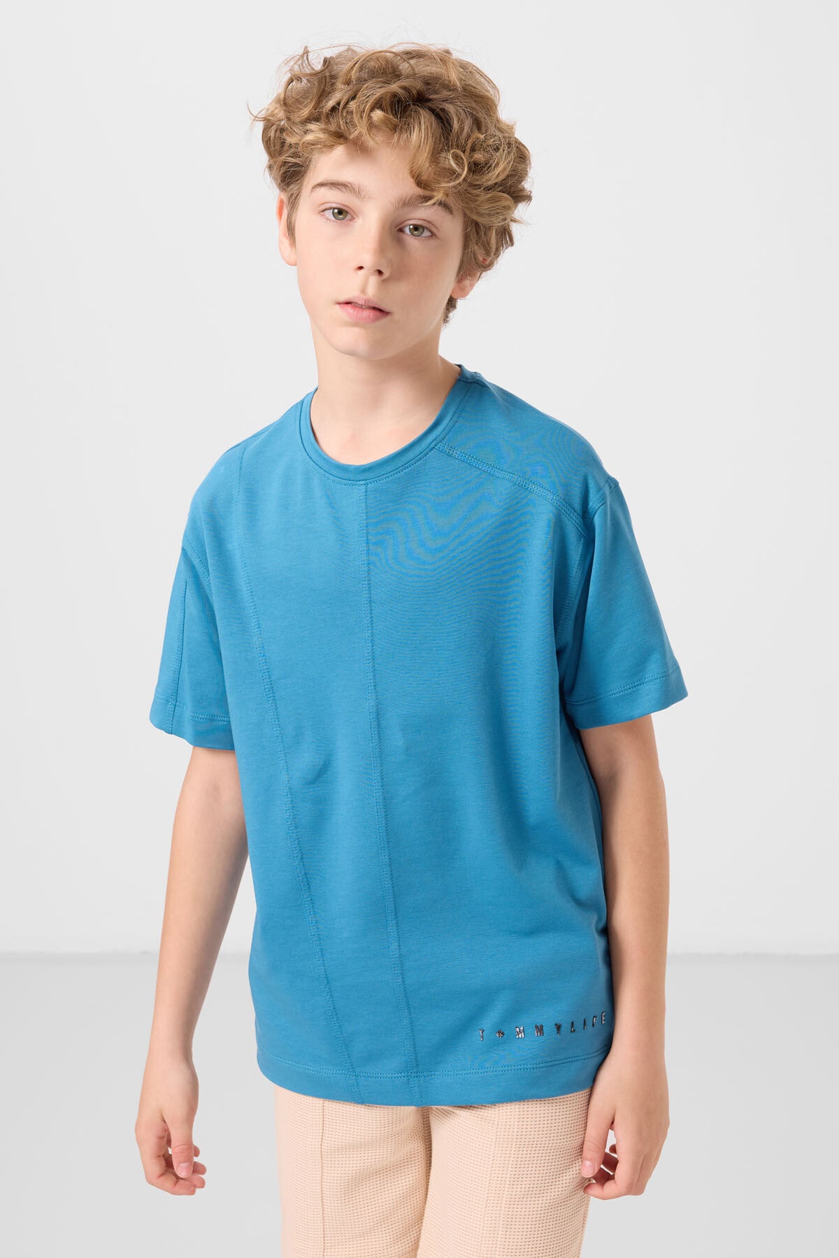 Image of Petrol Mavi Pamuklu Yumuşak Dokulu Oversize Basic Erkek Çocuk T-Shirt - 11297