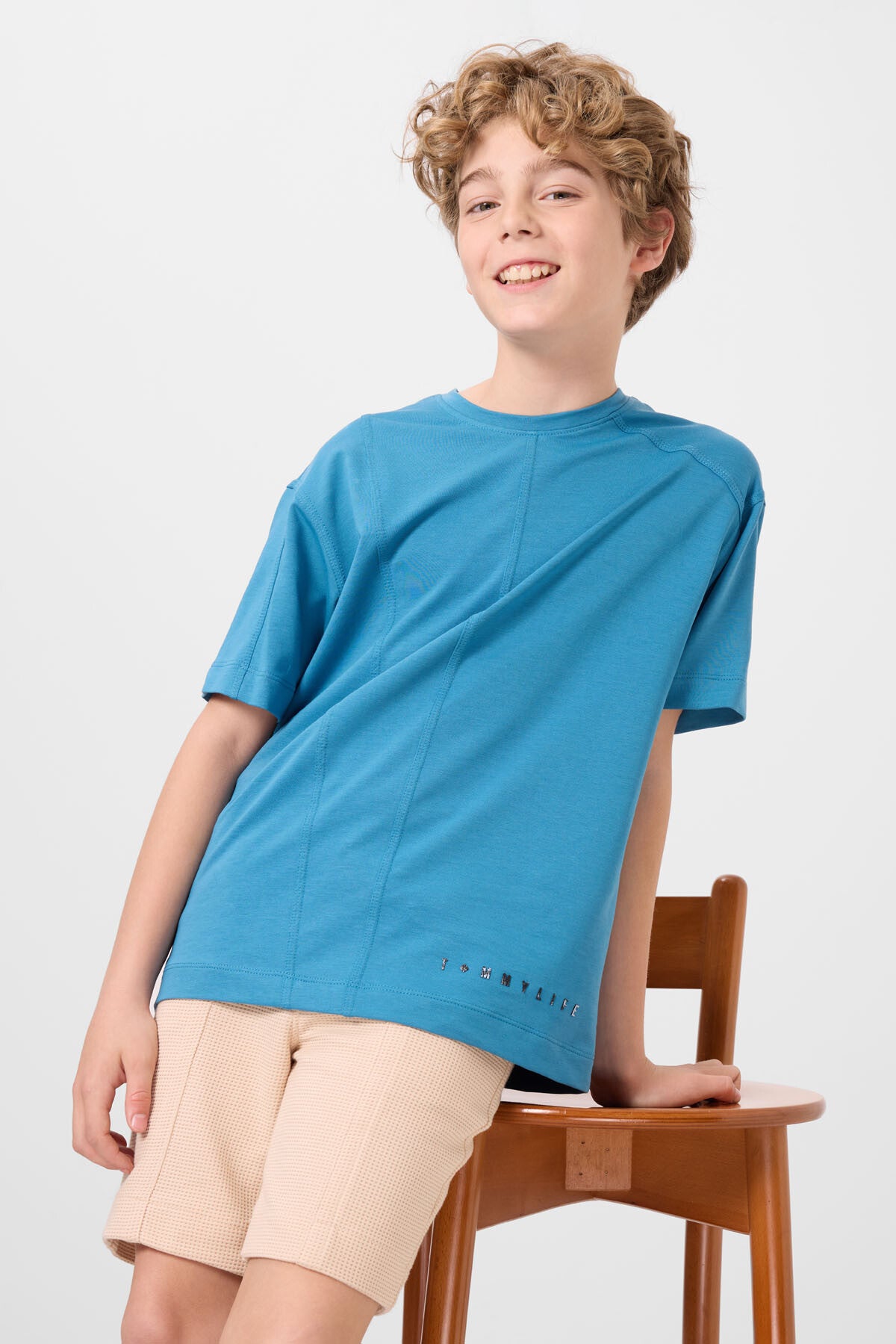 Image of Petrol Mavi Pamuklu Yumuşak Dokulu Oversize Basic Erkek Çocuk T-Shirt - 11297