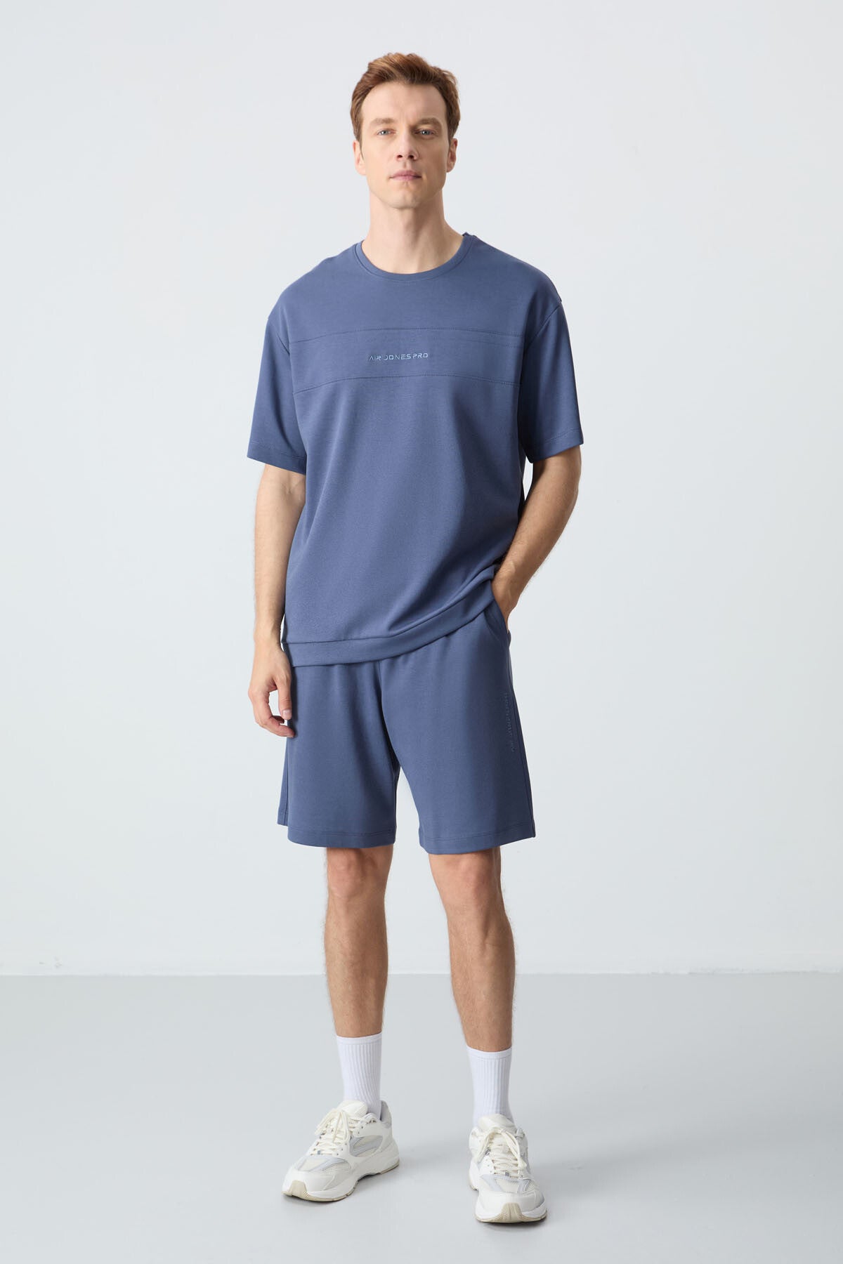 Image of Petrol Pamuklu Kalın Yumuşak Dokulu Oversize Fit Basic Erkek Şort Takım - 85257