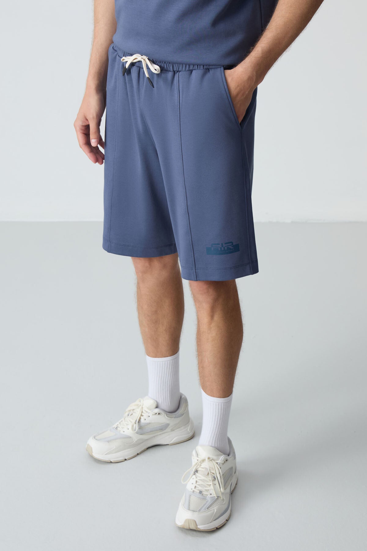 Image of Petrol Pamuklu Kalın Yumuşak Dokulu Oversize Fit Basic Erkek Şort Takım - 85259