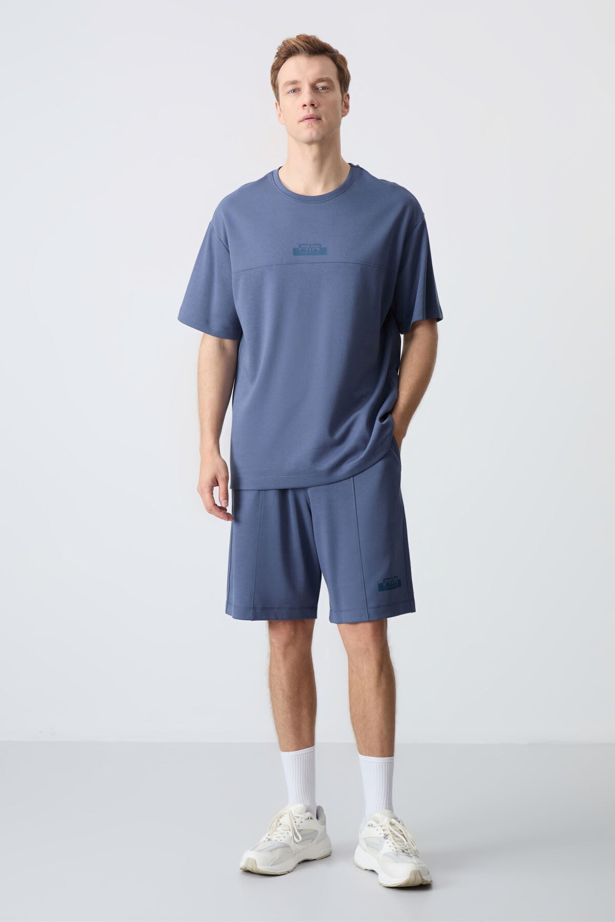 Image of Petrol Pamuklu Kalın Yumuşak Dokulu Oversize Fit Basic Erkek Şort Takım - 85259