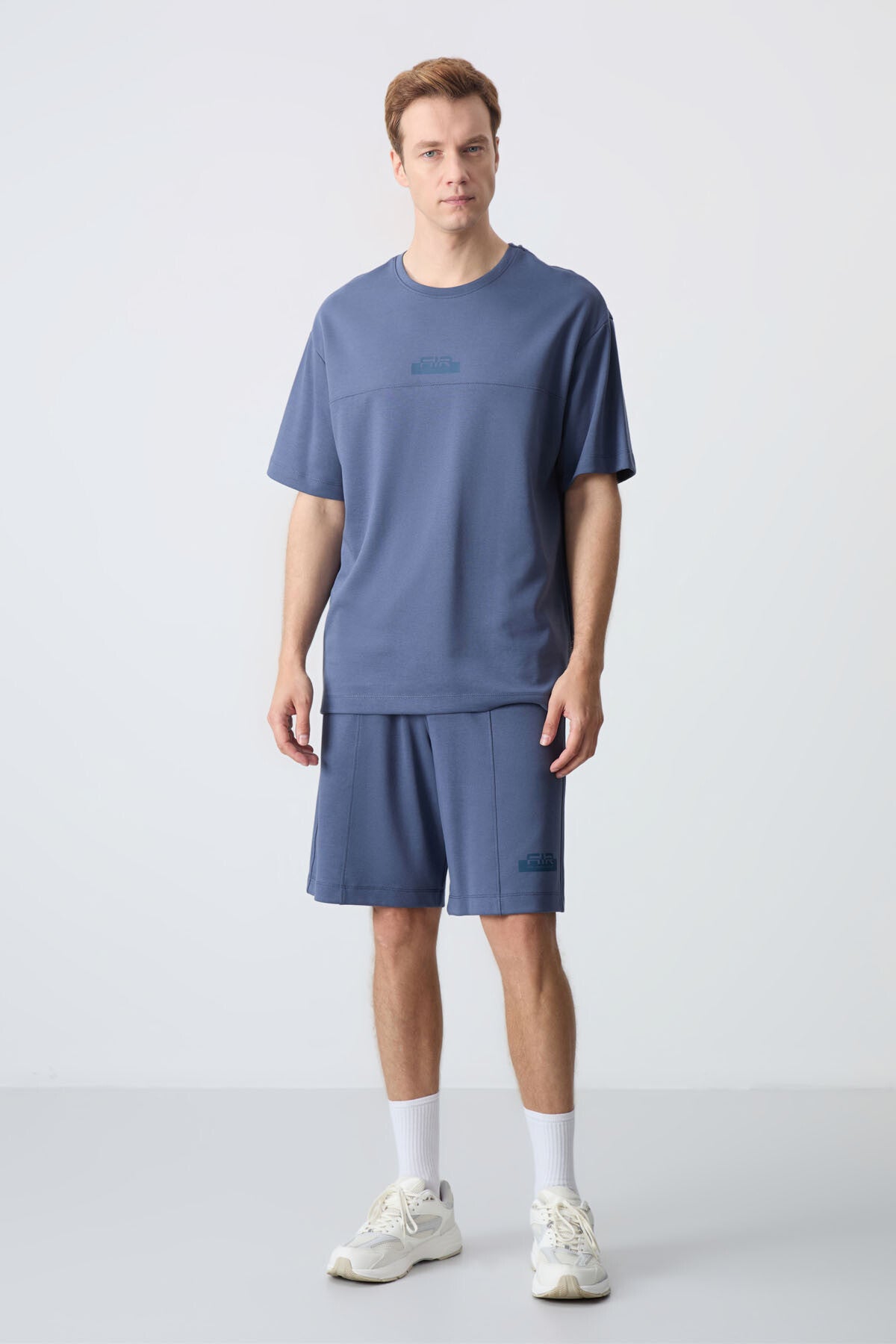 Image of Petrol Pamuklu Kalın Yumuşak Dokulu Oversize Fit Basic Erkek Şort Takım - 85259