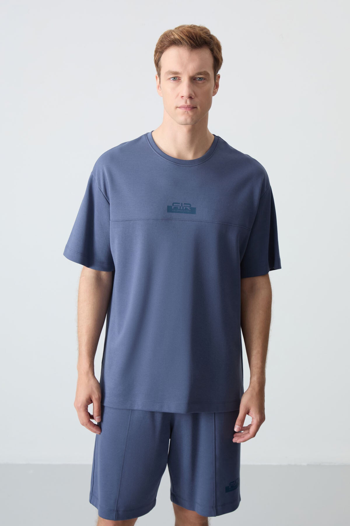Image of Petrol Pamuklu Kalın Yumuşak Dokulu Oversize Fit Basic Erkek Şort Takım - 85259