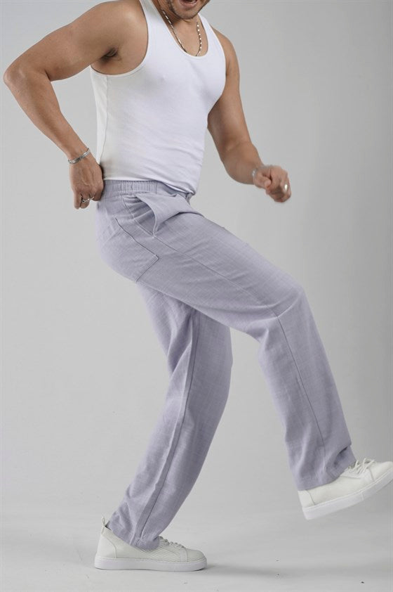 Image of Pileli Baggy Fit Kalıp Pamuklu Keten Çizgili Pantolon