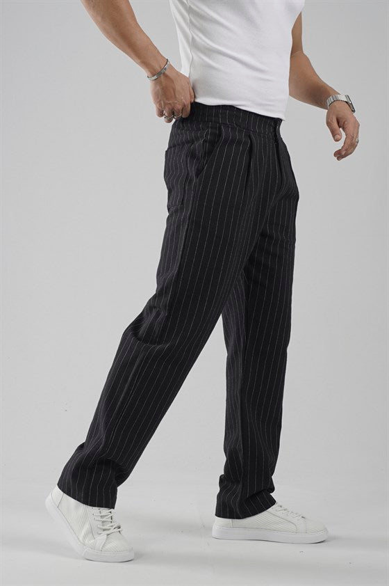 Image of Pileli Baggy Fit Kalıp Pamuklu Keten Çizgili Pantolon