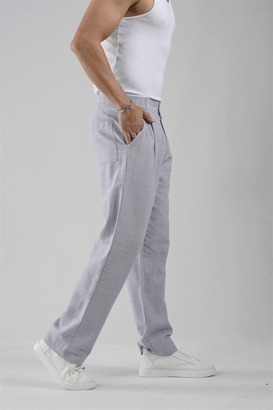 Image of Pileli Baggy Fit Kalıp Pamuklu Keten Çizgili Pantolon