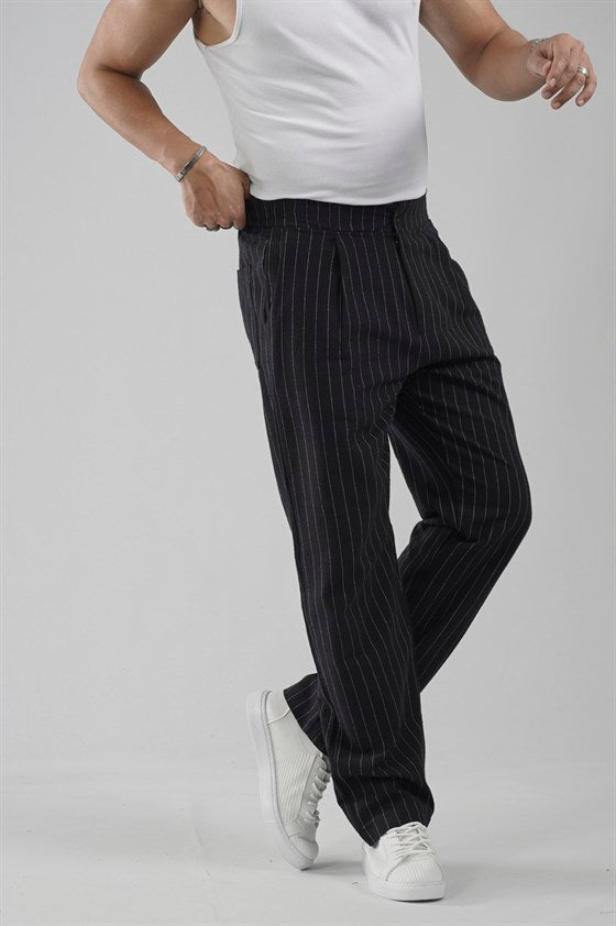 Image of Pileli Baggy Fit Kalıp Pamuklu Keten Çizgili Pantolon