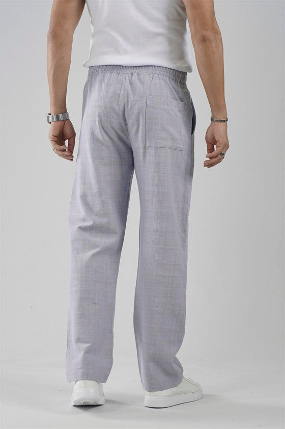 Image of Pileli Baggy Fit Kalıp Pamuklu Keten Çizgili Pantolon