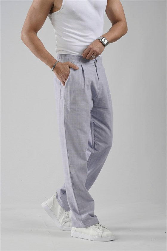 Image of Pileli Baggy Fit Kalıp Pamuklu Keten Çizgili Pantolon