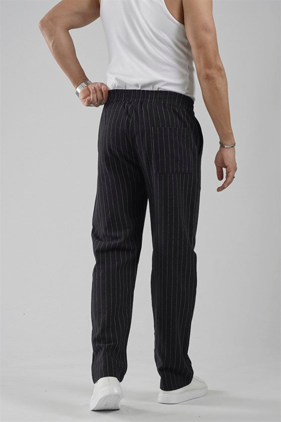 Image of Pileli Baggy Fit Kalıp Pamuklu Keten Çizgili Pantolon