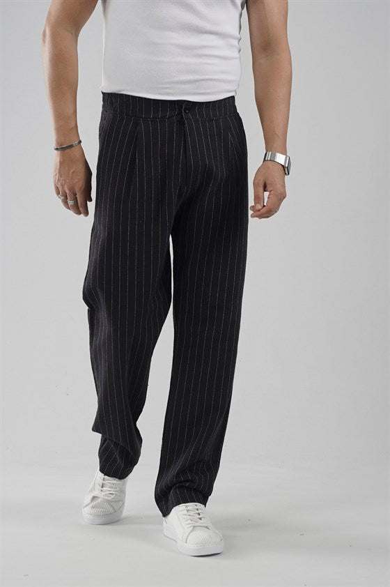 Image of Pileli Baggy Fit Kalıp Pamuklu Keten Çizgili Pantolon